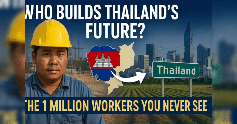 Cambodian construction worker in Thailand wearing a helmet, set against a Thai city backdrop