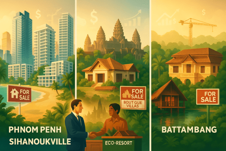 Map of Cambodia highlighting Phnom Penh, Siem Reap, Sihanoukville, and Kampot as rising property investment zones.