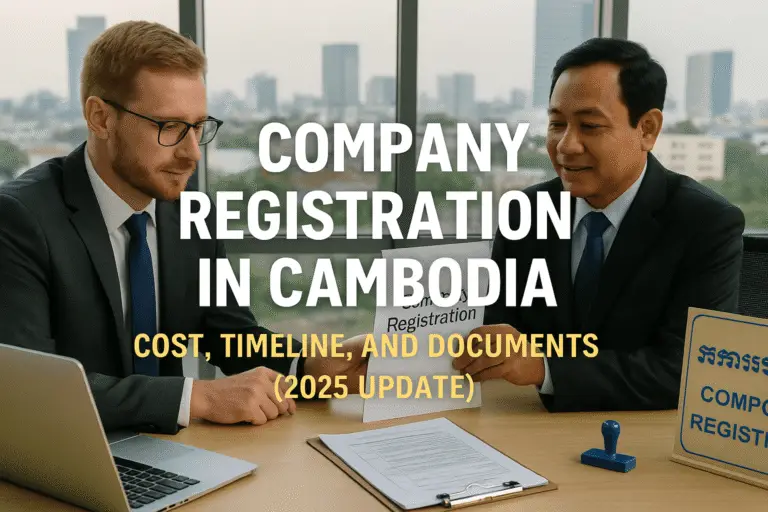 A foreign investor and Cambodian consultant reviewing documents in Phnom Penh during company registration
