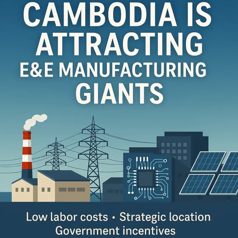 Drone view of an electronics factory in Cambodia with young workers assembling electrical components inside a modern SEZ