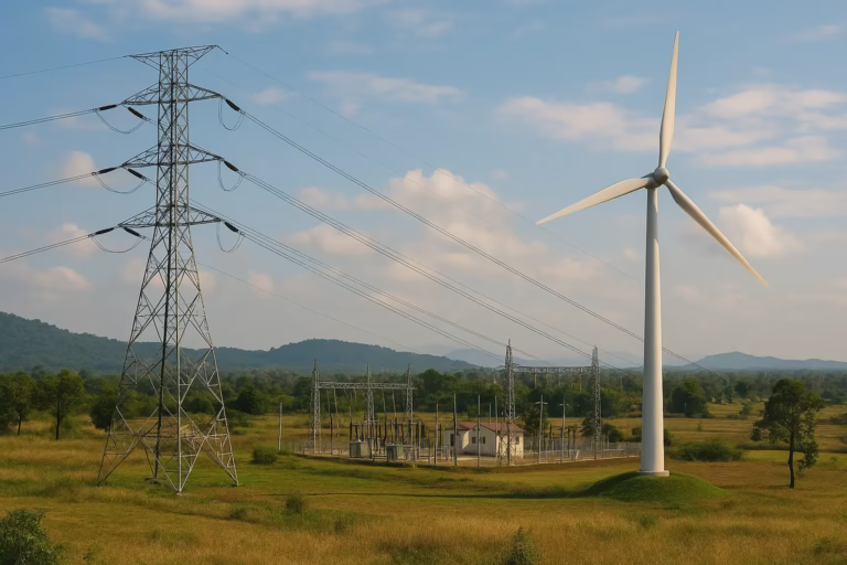 Illustration of Cambodian engineers and rural community leaders collaborating on energy infrastructure under a sunset sky, symbolizing trust, growth, and sustainability.