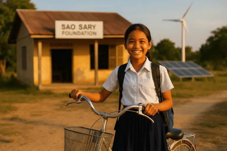 A Cambodian schoolgirl in a white uniform holding a bicycle and backpack in front of a rural school supported by the Sao Sary Foundation