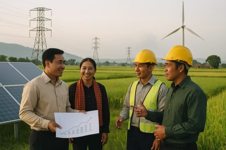 Illustration of Cambodian energy infrastructure with investors, solar panels, and rural communities collaborating on sustainable development.
