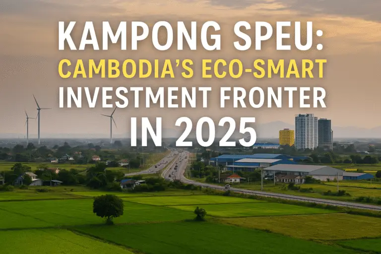 Bird’s-eye view of Kampong Speu with green industrial zones, solar-powered buildings, and sustainable agro-farming near national roads