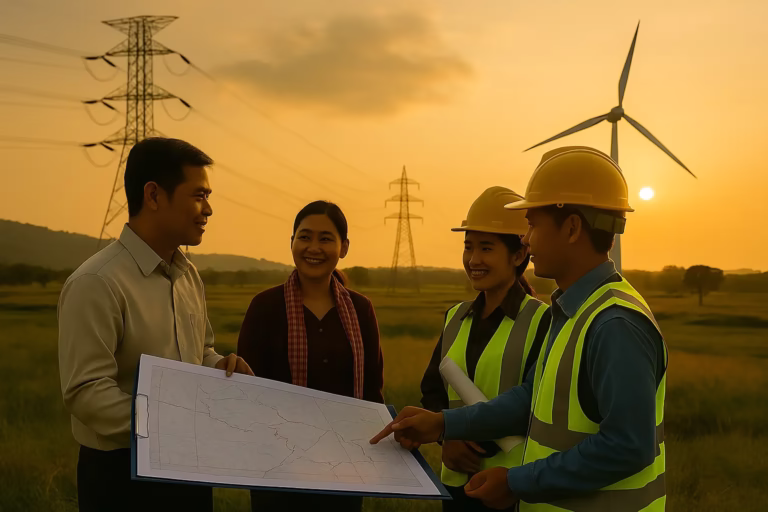Aerial view of Cambodian countryside overlaid with surveyor markings and energy site plans, showing collaboration between local officials and energy developers.
