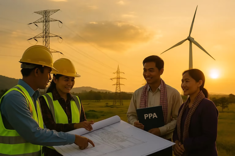 Cambodian energy officials reviewing power purchase agreements at a solar substation, with transmission lines and clean infrastructure in the background.