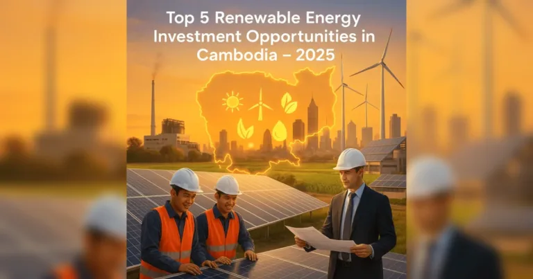 Solar panels and biomass facilities in Cambodia, representing the country’s renewable energy growth and foreign investment potential.