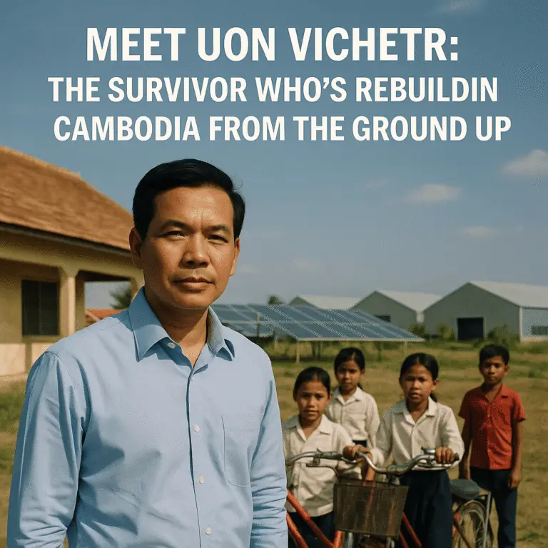 Uon Vichetr with schoolchildren in rural Cambodia, solar panels and agricultural buildings in the background