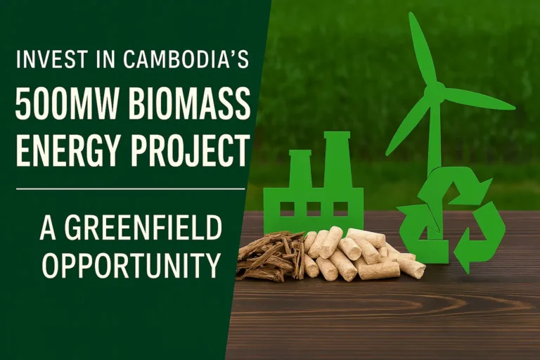 Promotional graphic for Biomass Energy Investment Cambodia featuring renewable energy symbols and biomass materials.