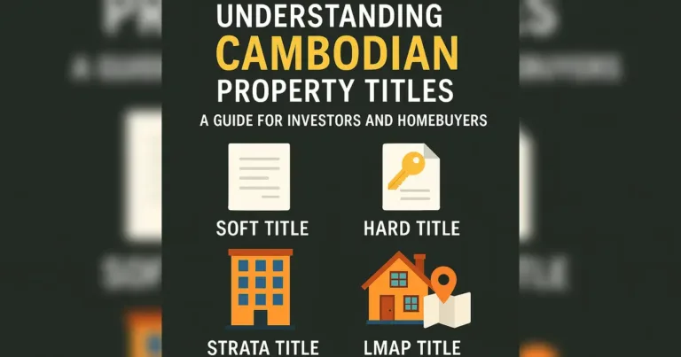 Visual guide comparing Cambodian property title types: soft title, hard title, strata title, and LMAP title