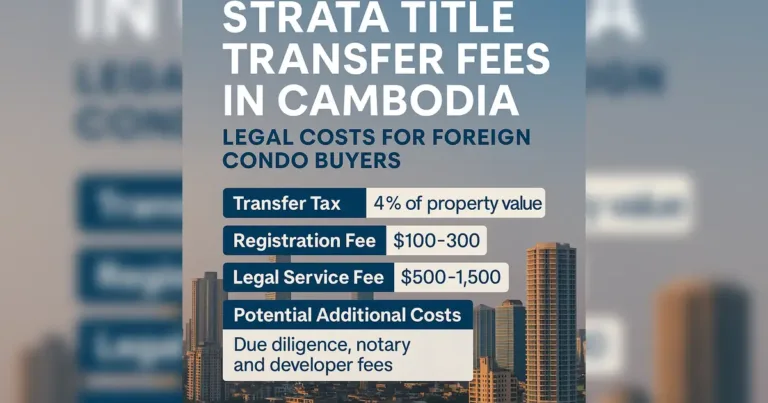 Visual breakdown of strata title transfer fees in Cambodia for foreign condo buyers, including legal costs and tax structures