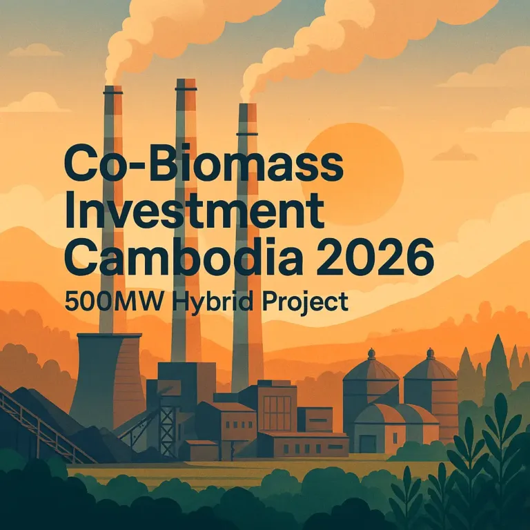 Illustration of Cambodia’s 500MW hybrid co-firing power plant with smokestacks, biomass domes, and green landscape under a sunset sky.